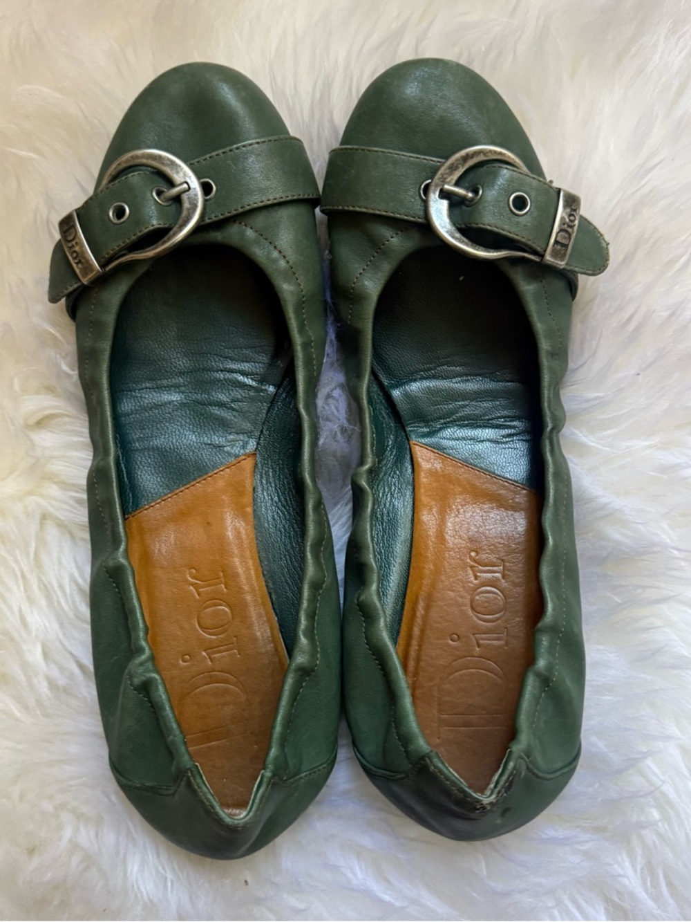 Dior Gaucho Dark Green Leather Ballet Flats with Silver Buckle 38